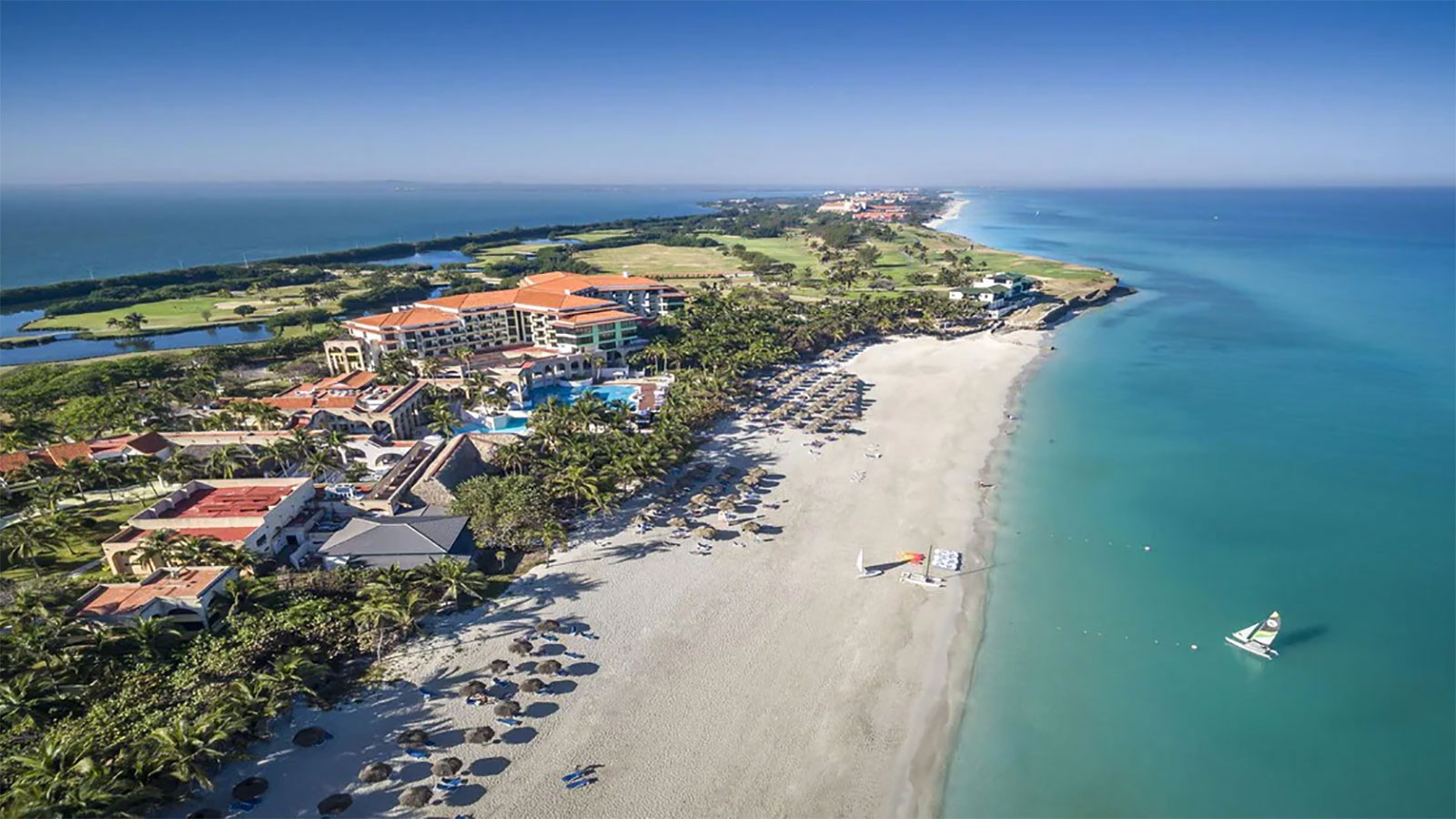 Aerial photo of Varadero Beach, a stretch of more than 10 miles of sandy beaches and all-inclusive resorts